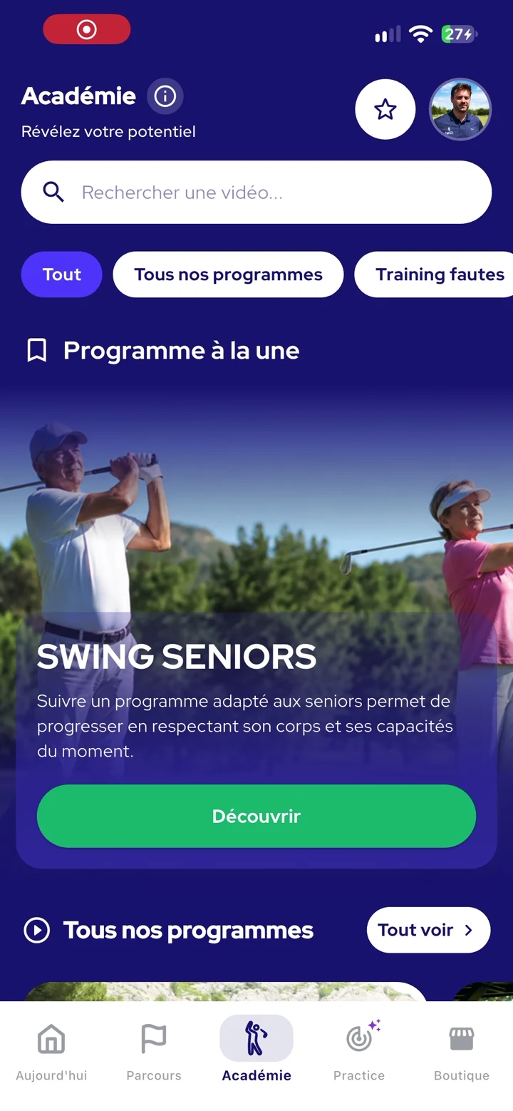L’Académie InsideGolf avec le programme à la une Swing Seniors, la recherche et les programmes.
