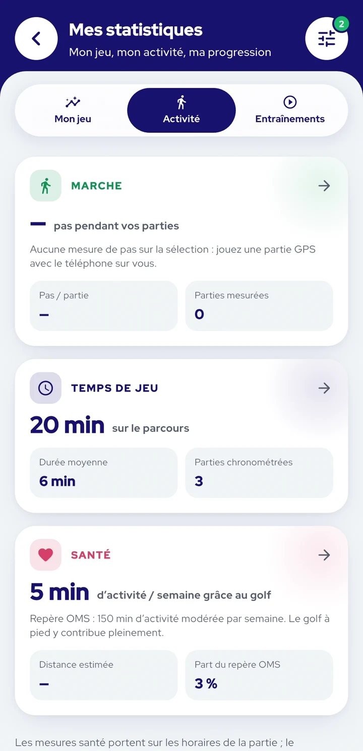 Bilan d’activité d’une partie InsideGolf avec les pas et les données santé disponibles après synchronisation.