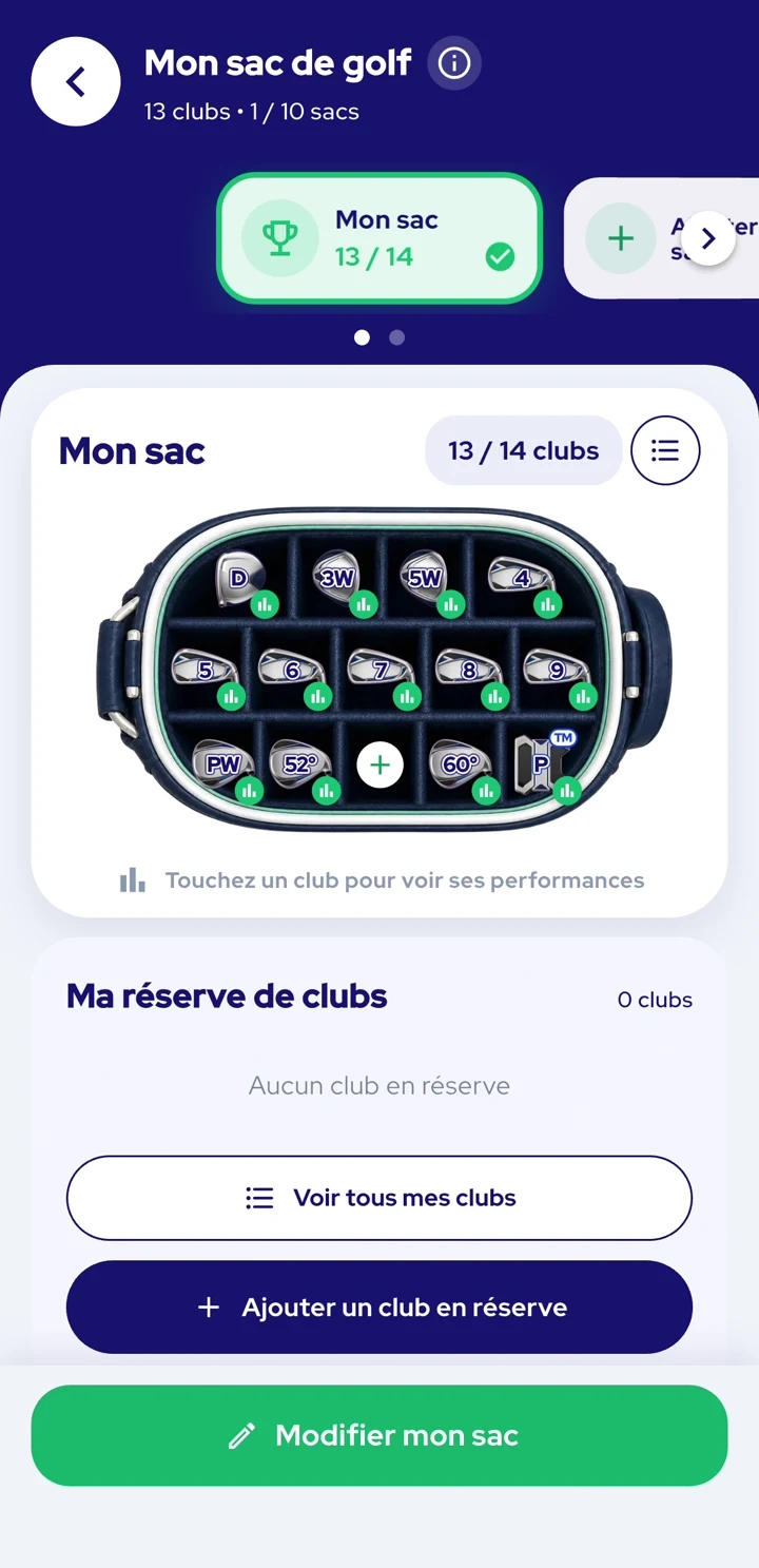 Le sac de golf personnel dans InsideGolf, avec les clubs sélectionnés pour la partie.