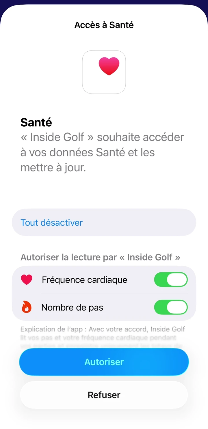 Écran iOS d’accès à Santé avec les autorisations de fréquence cardiaque et de nombre de pas.