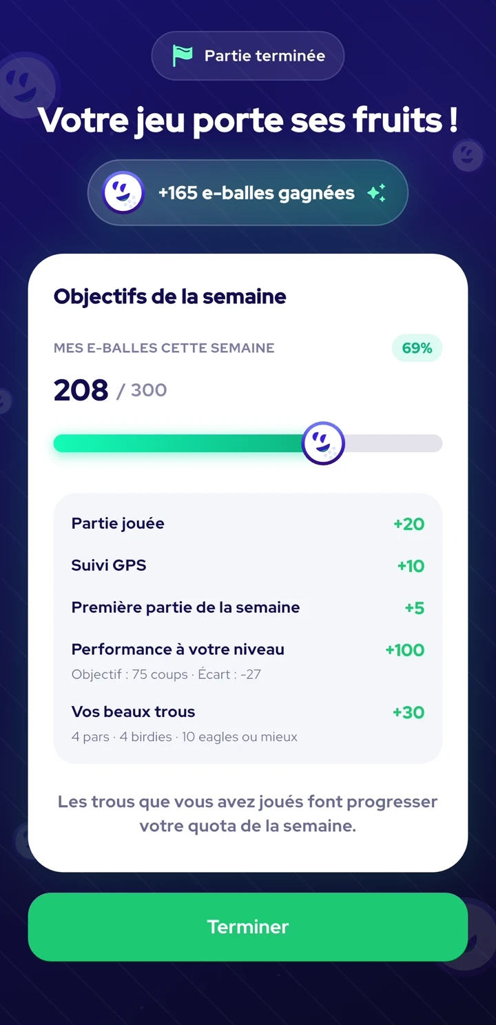 Bilan de récompenses d’une partie InsideGolf, avec les e-balles gagnées et les objectifs de la semaine.