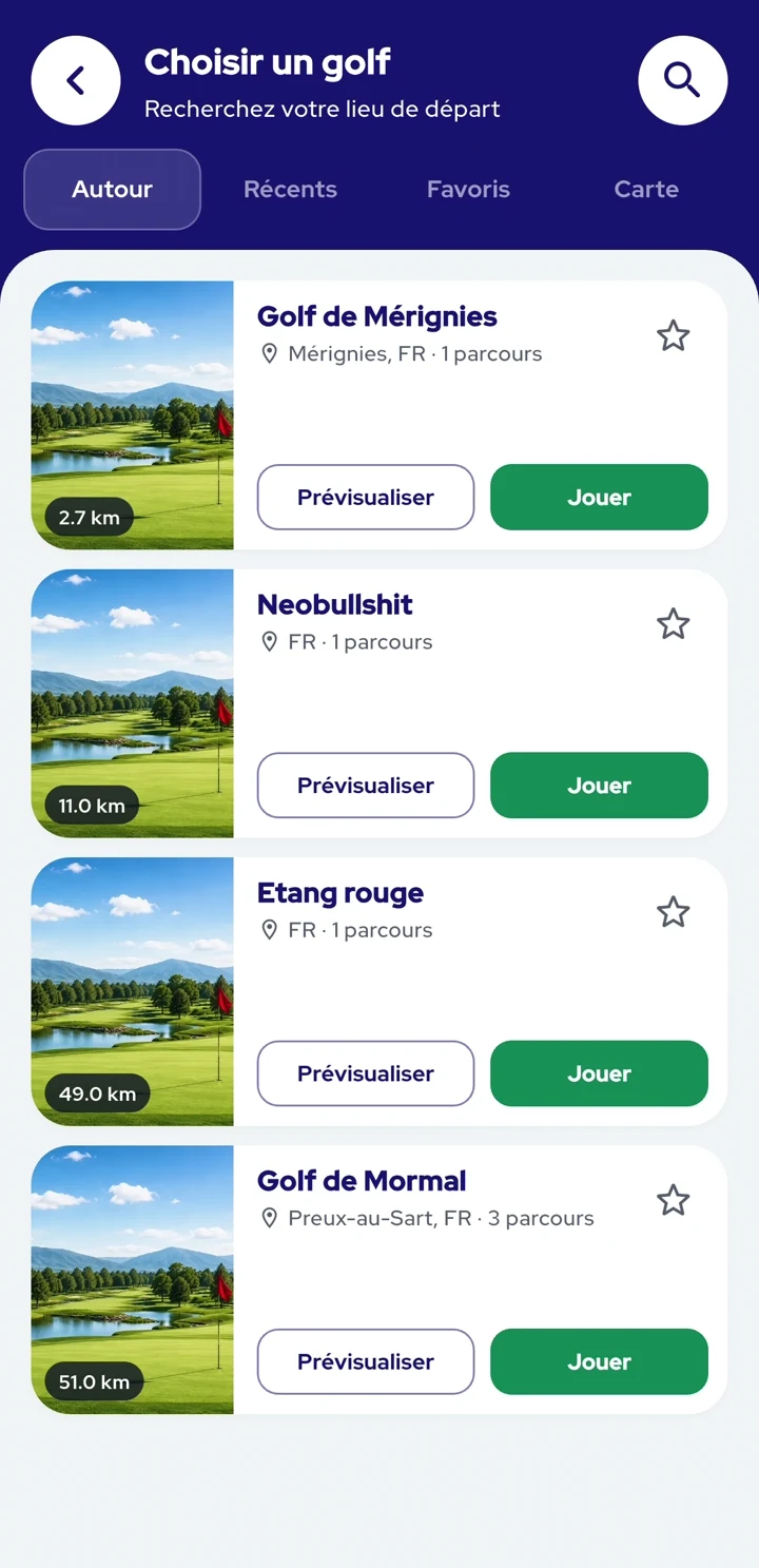 Recherche d’un golf dans InsideGolf avec les modes Autour de moi, Récents, Favoris et Carte.
