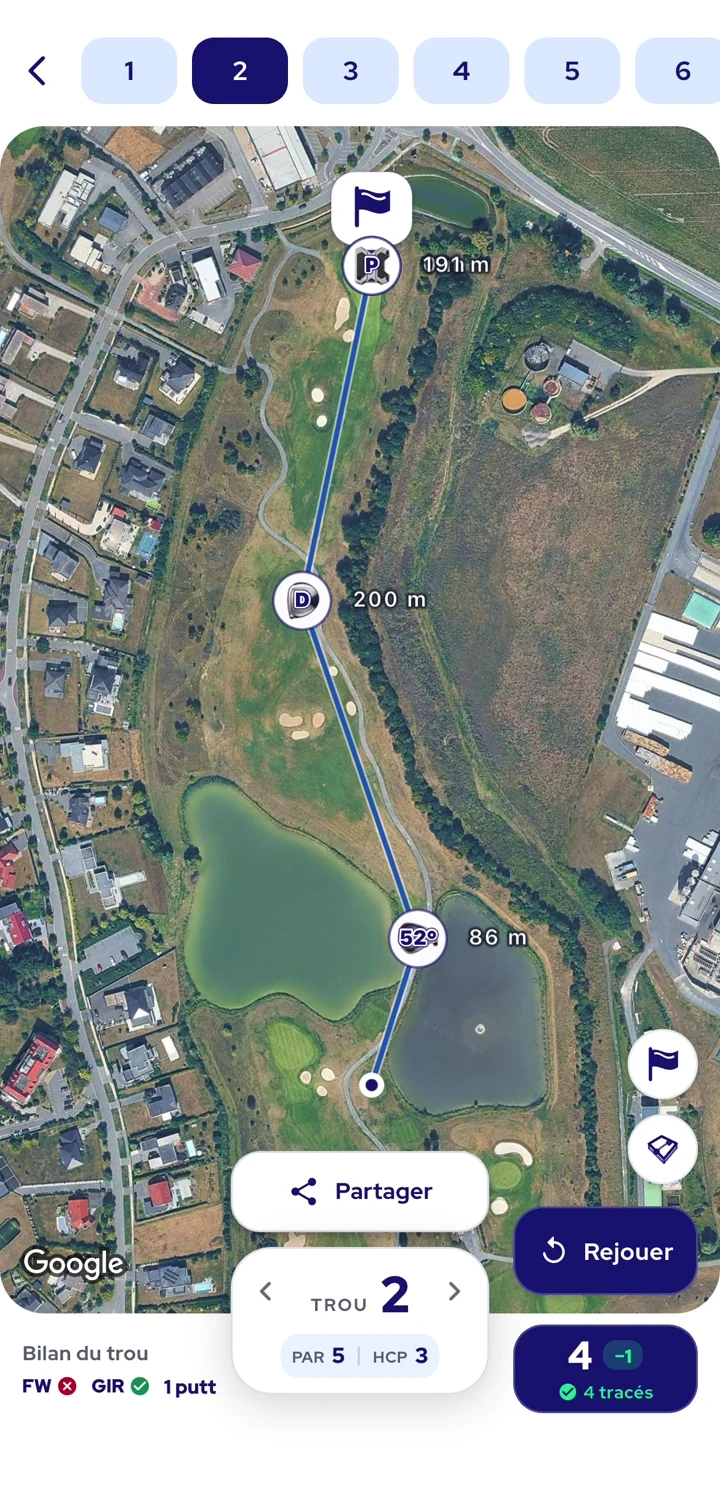 Relecture d’un trou dans InsideGolf, avec les tracés des coups enregistrés, les clubs et les distances.
