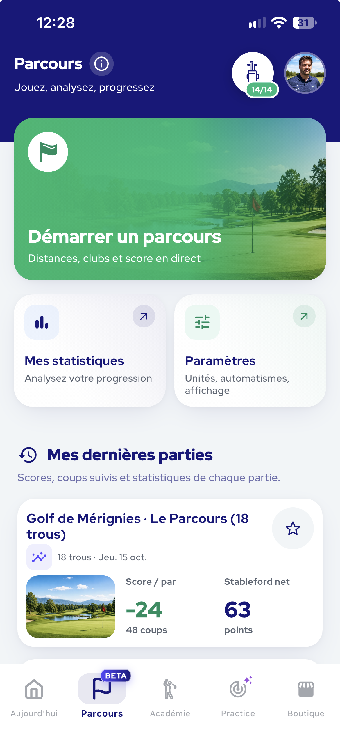 Accueil Parcours InsideGolf : démarrer un parcours et retrouver ses dernières parties.