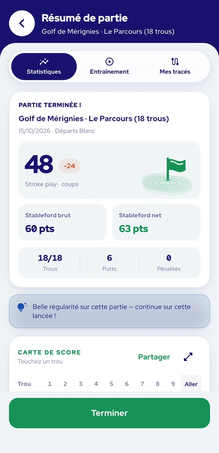 Résumé de partie InsideGolf avec les scores et la carte trou par trou. Mises en jeu