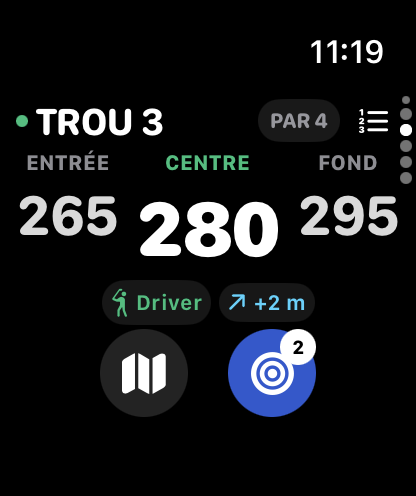 Distances à l’entrée, au centre et au fond du green sur Apple Watch, avec le club Driver et le dénivelé.