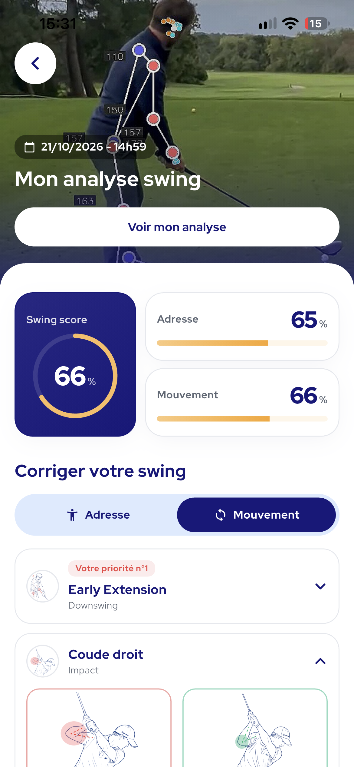 Analyseur vidéo : analyse du swing et corrections prioritaires.