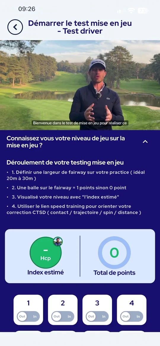Test de mise en jeu : consignes et saisie progressive des résultats des quatorze balles.