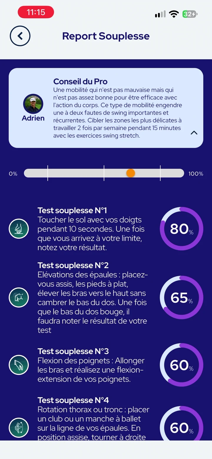 Report de souplesse avec les résultats des cinq tests et le conseil du pro.