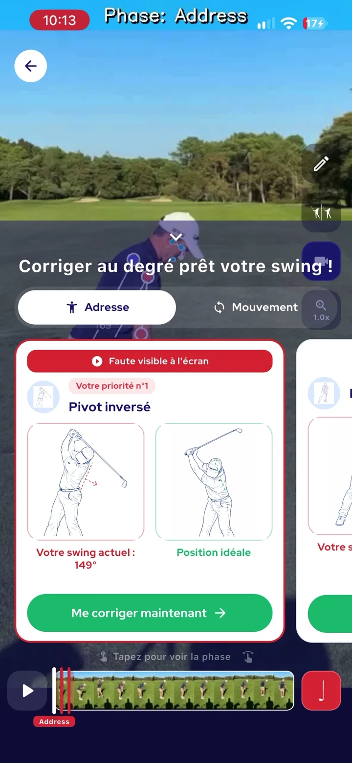 Comparaison du swing actuel et de la position de référence avec une priorité de correction dans InsideGolf.