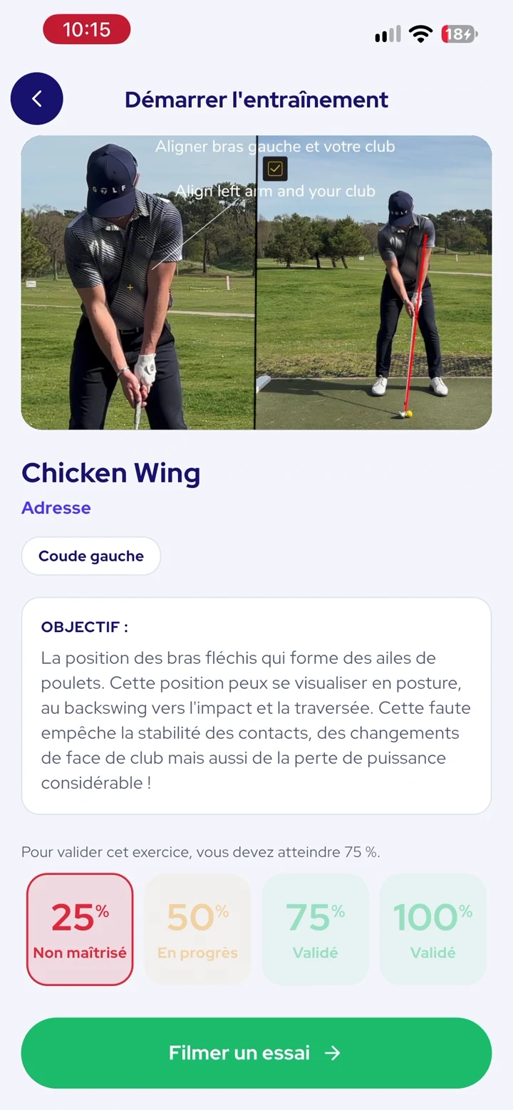 Exercice Chicken Wing présenté par un coach avec une vidéo de démonstration et les niveaux de validation.