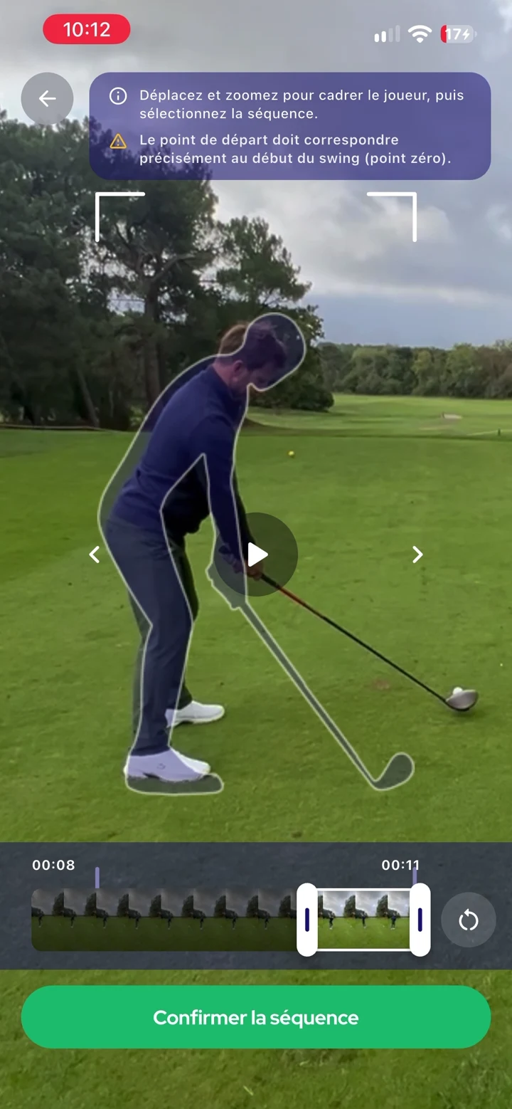 Sélection d’une séquence vidéo dans InsideGolf, avec le cadrage du joueur et les poignées de début et de fin.